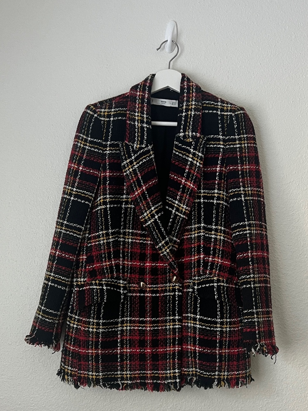 MANGO MNG Plaid Tweed Double Breasted Blazer Jacket Frayed Hem Red Black Size XS